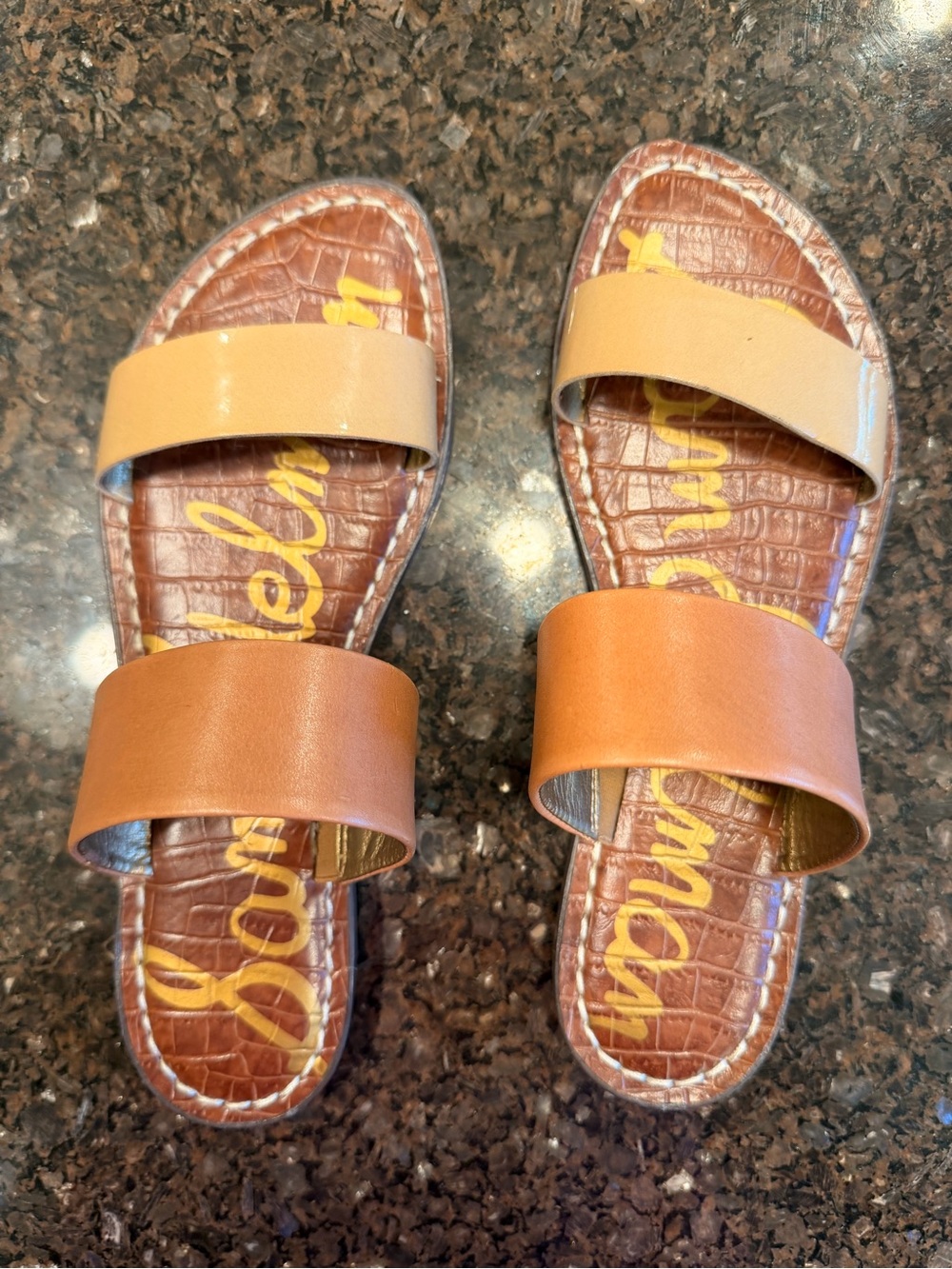 Sam Edelman Two-Band Slide Sandals in Tan and Camel Brown